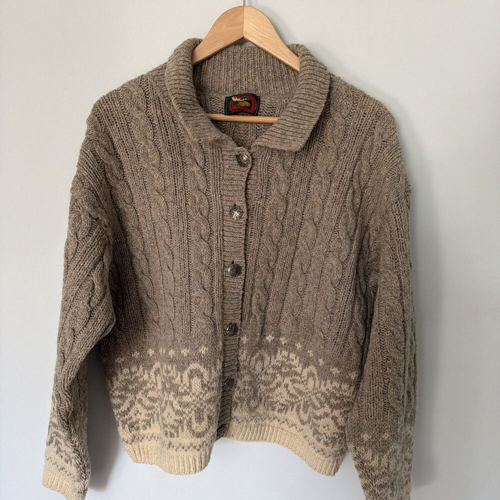 Vintage Alps Wool Nordic Sweater Cardigan Fair Isle Cable Stick Beige Large